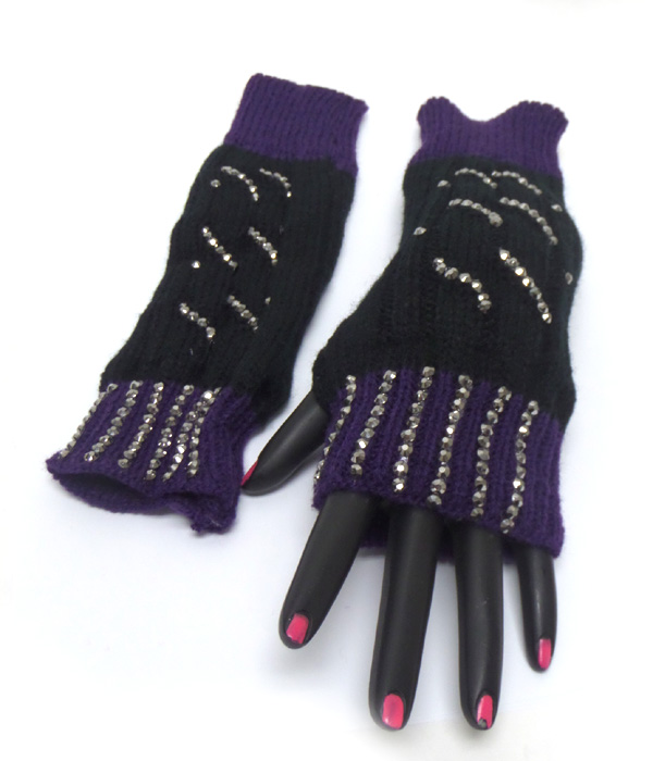 Two color crystal wave pattern open fingertip knit glove 