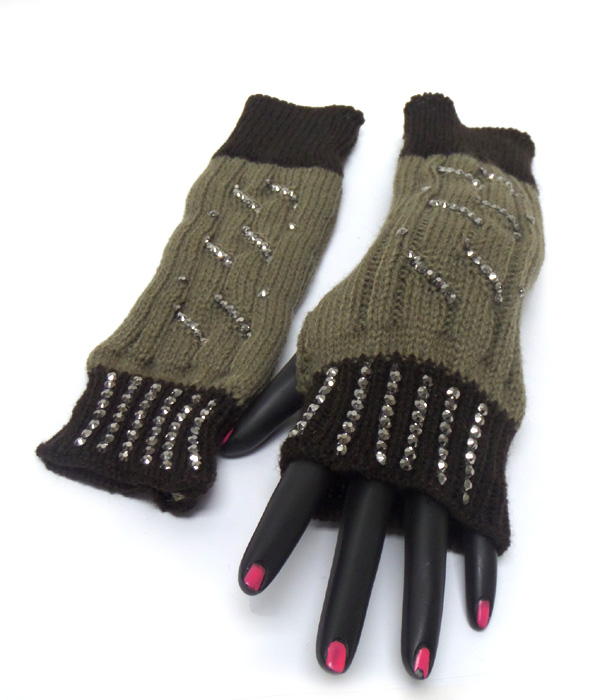 Two color crystal wave pattern open fingertip knit glove 