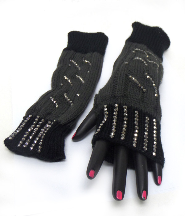 Two color crystal wave pattern open fingertip knit glove 
