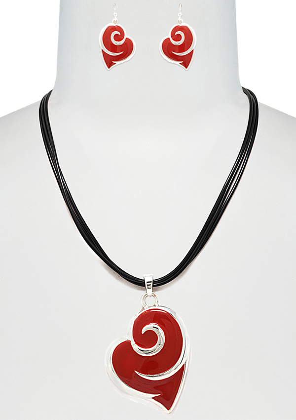 Epoxy pendant and cord chain necklace set - heart wave