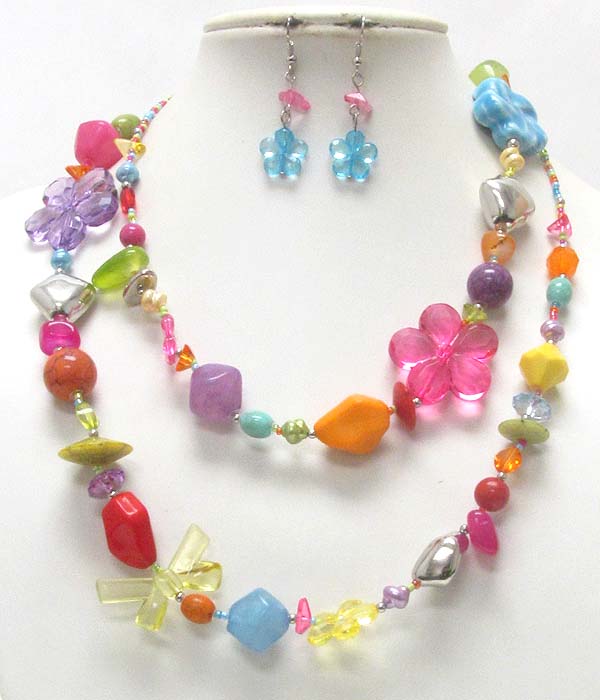 Acryl and ceramic beads long necklace earring set