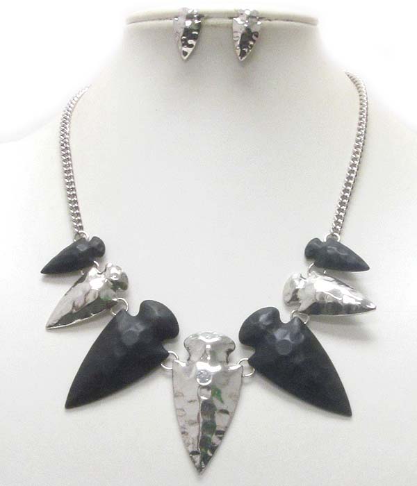 Aztec inspired multi hammered and animal tooth shape metal charm necklace earring set -western