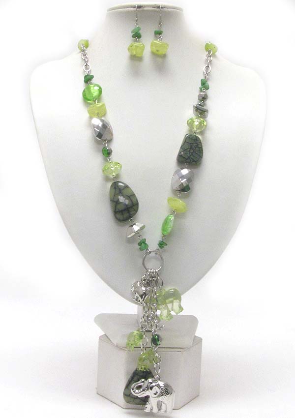 MULTI ACRYL AND METAL ELEPHANT CHARM DANGLE LONG NECKLACE EARRING SET