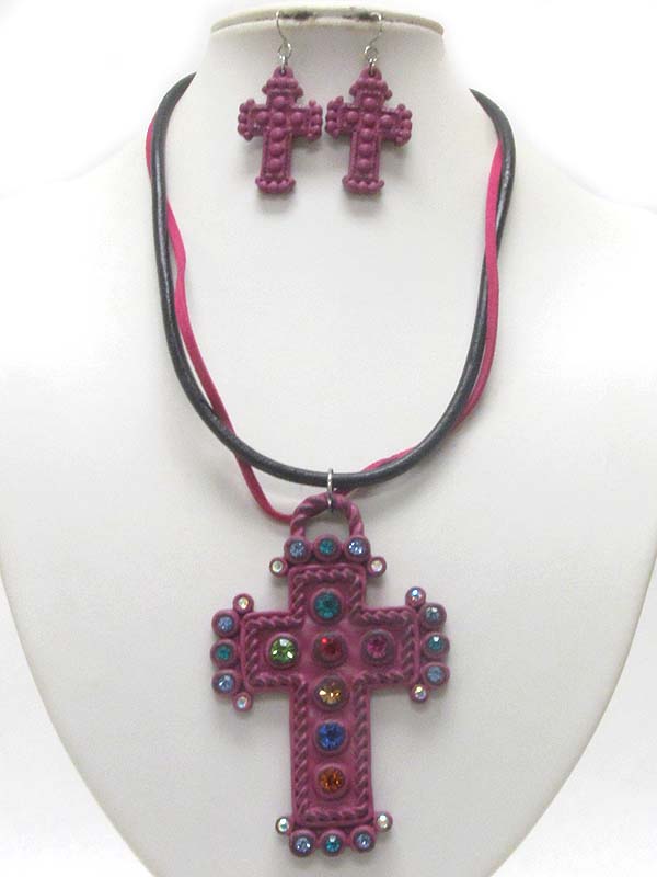 Crystal stud cross pendant double cord necklace and earring set
