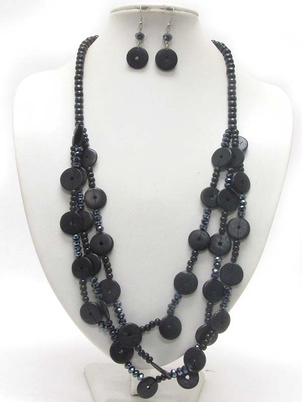 Multi strand glossy shell disk link necklace earring set