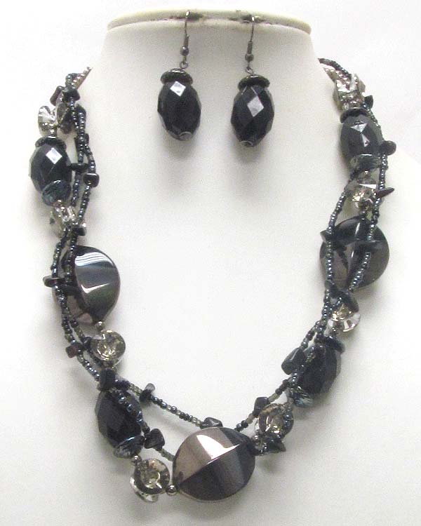 Multi strand mixed beads and chain necklace earring set
