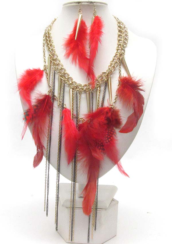 Multi genuine natural feather and multi spike charm dangle and long tassel drop  necklace earring set
