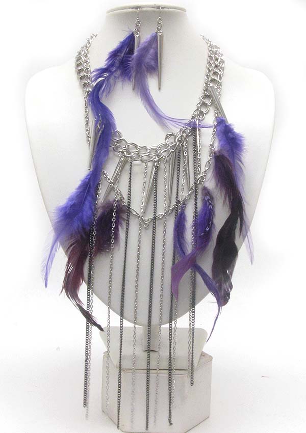Multi genuine natural feather and multi spike charm dangle and long tassel drop  necklace earring set