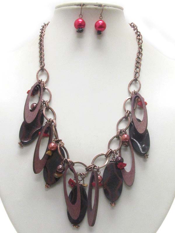 Multi oval shape wood and resin charm necklace and earring set