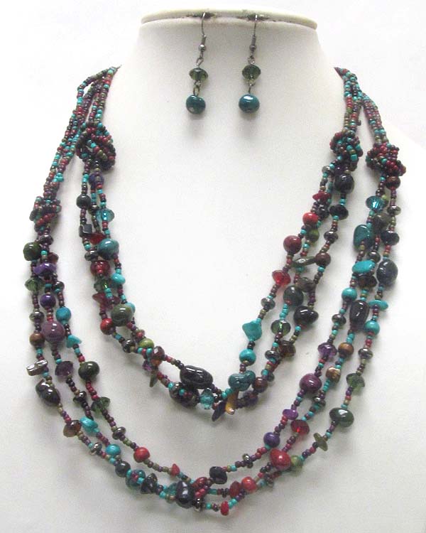Multi row natural chip stone and mixed glass beads necklace earring set