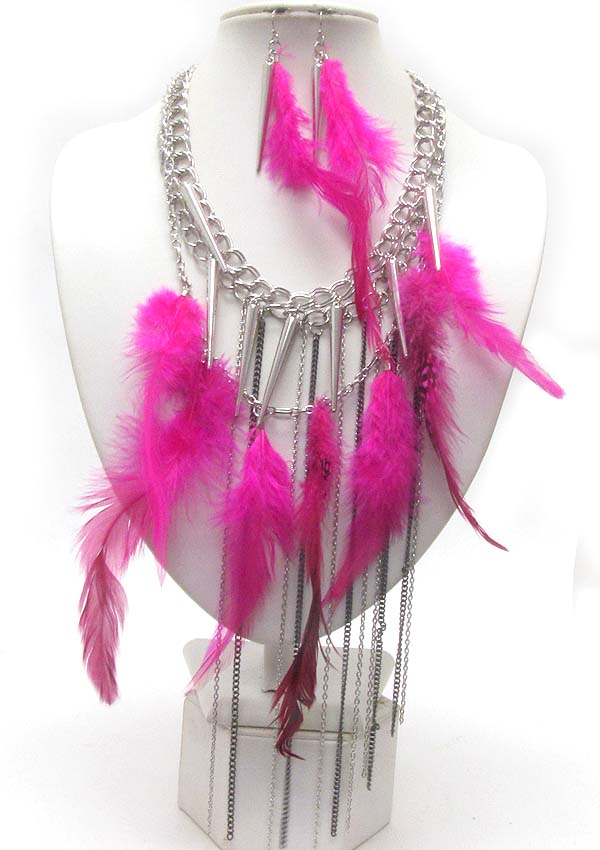Multi genuine natural feather and multi spike charm dangle and long tassel drop  necklace earring set