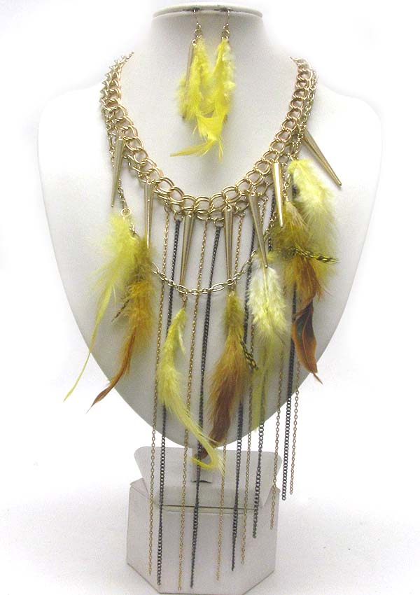 Multi genuine natural feather and multi spike charm dangle and long tassel drop  necklace earring set