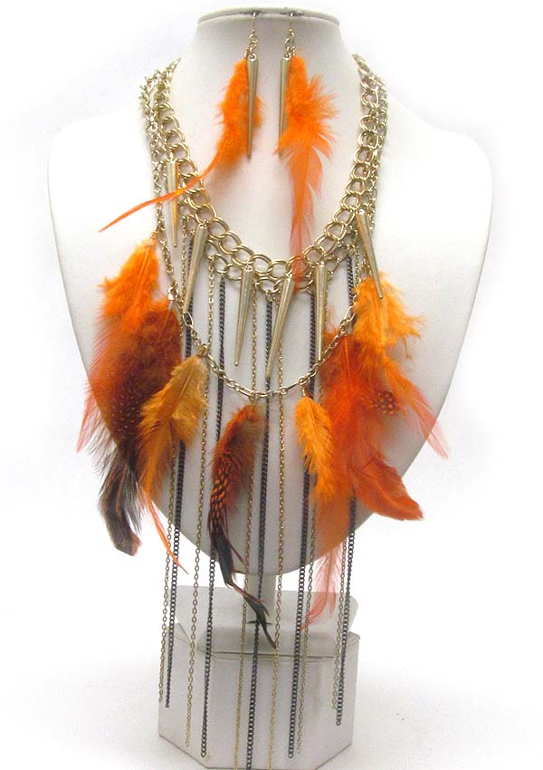 Multi genuine natural feather and multi spike charm dangle and long tassel drop  necklace earring set