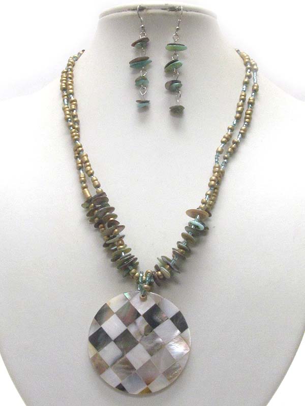Shell disk pendant and multi chip stone necklace earring set