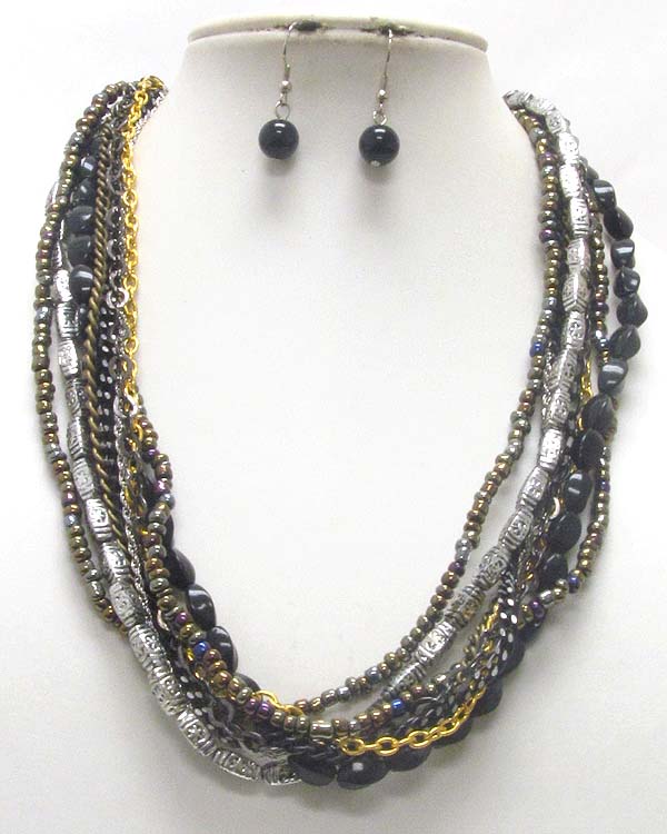 Multi metal chain and beads line link necklace earring set