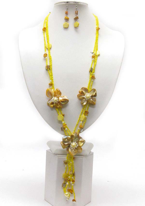 SHELL AND SEED BEADS FLOWER Y DROP LONG NECKLACE EARRING SET