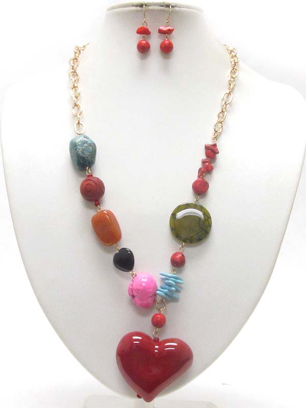 Multi mixed natural stones with round wood drop fashion natural stone heart chain drop necklace earring set