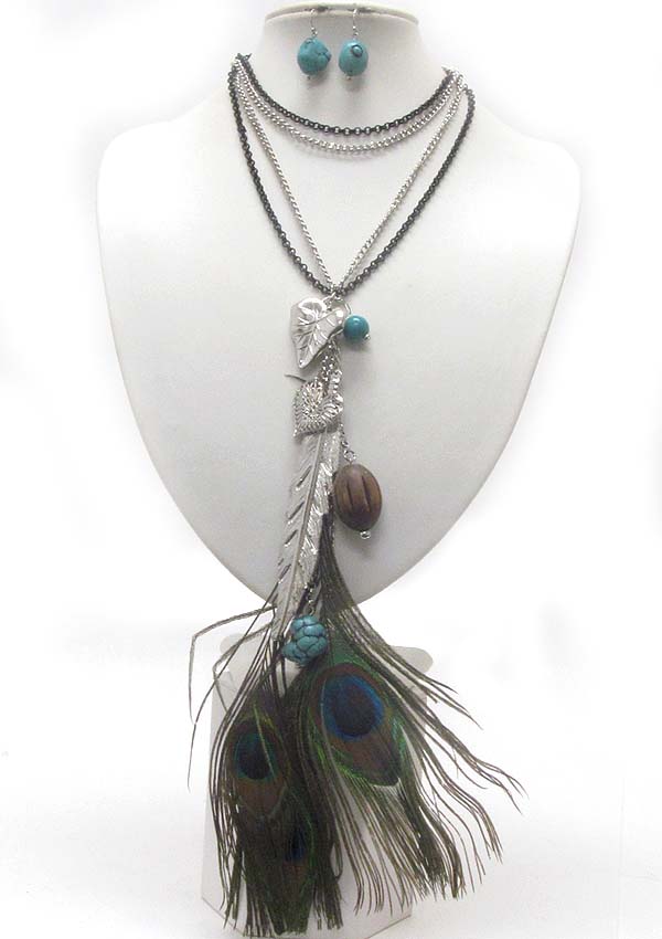 Natural stone and multi peacock feather drop long necklace earring set